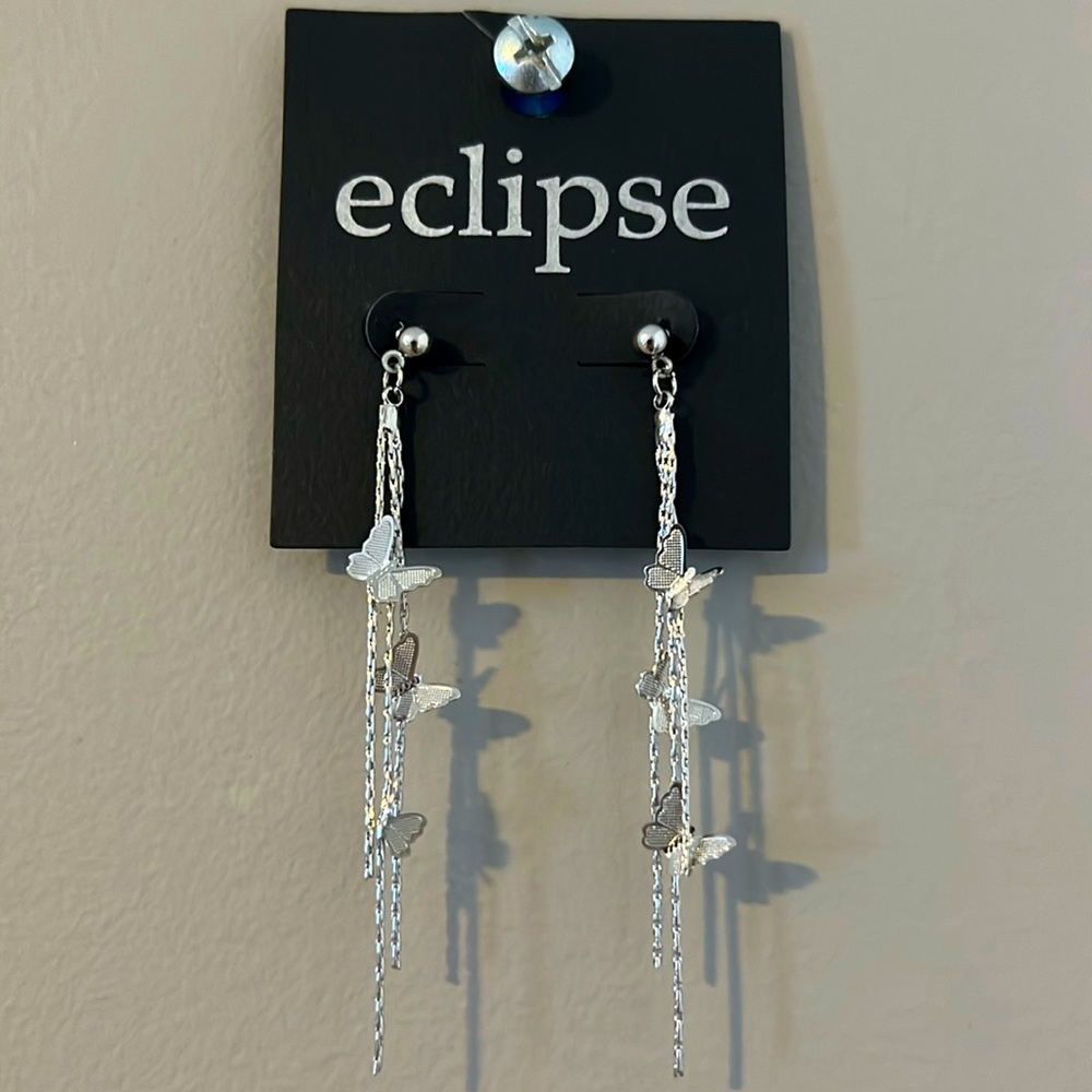 Silver butterfly drop earrings